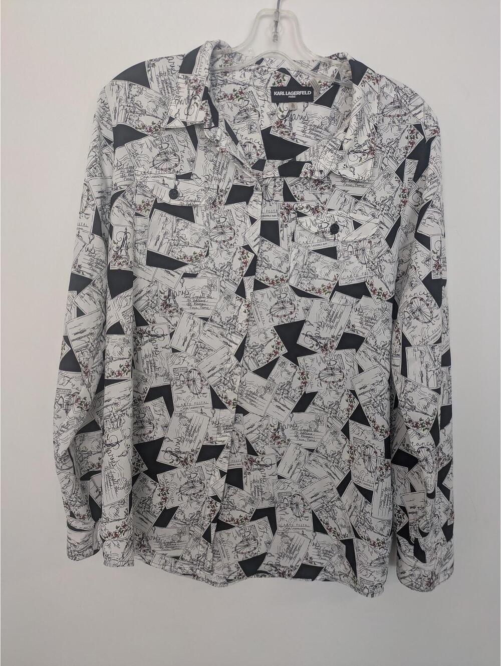 Karl Lagerfeld Paris Postcard Print Button-Up Blouse Size XL